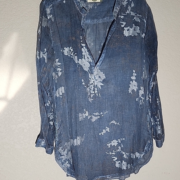Dolma Blouse Womens Large Tunic Top Pockets Blue Flower Gozzy Cotton Crinkle - Picture 1 of 10